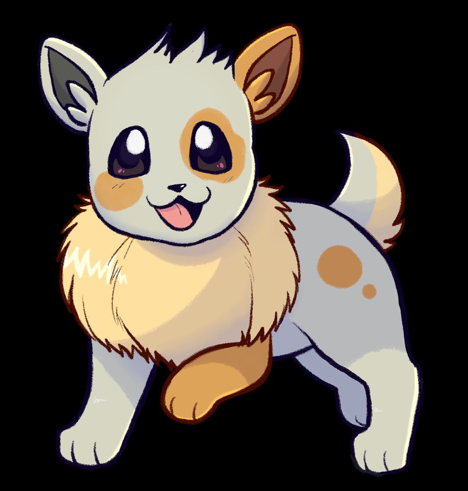 a regional eevee from the honnis region. it stands on four legs, has a pale orange mane and the underside of its tail. on its face it has orange markings around its eyes, alongside an orange foreleg and ear and spots.