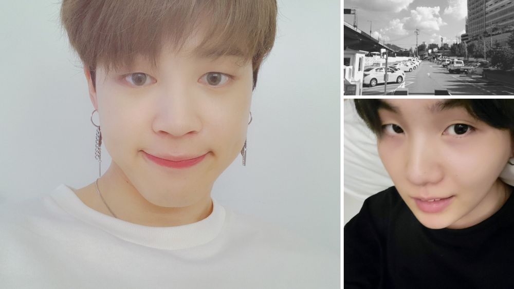 Collage of 3 pictures: solo selfie of Jimin in a white shirt with dirty blond hair; solo selfie of Yoongi laing down on a bed with a black t-shirt and black hair; black and white picture of a parking lot
