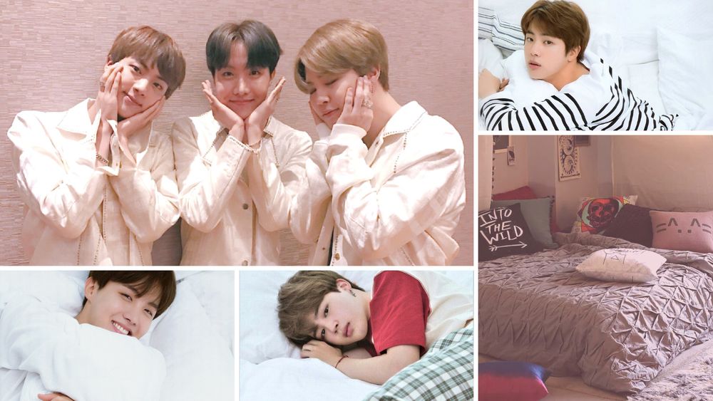 Collage of 5 pictures: a picture of Jin, Hoseok and Jimin together doing the flower pose; solo pictures of Jin, Hoseok and Jimin in beds; picture of a bed with lots of pillows