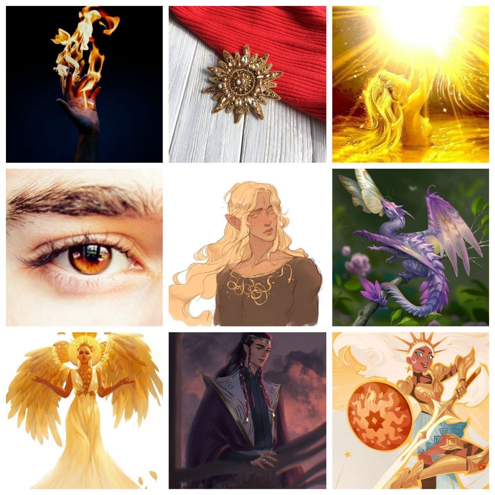Aesthetic board for one of the protagonists, a sun fae name Prince Sol.