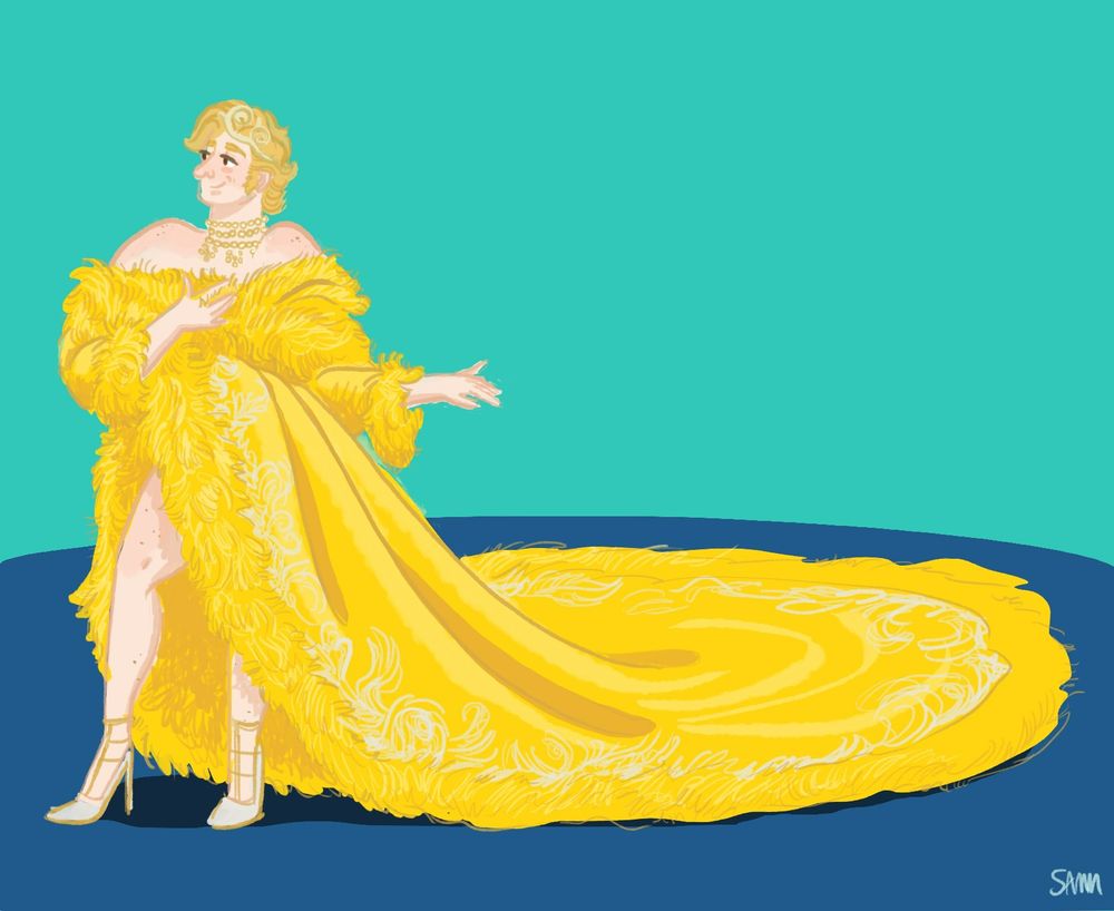 A cartoon drawing of Stede Bonnet rocking Rihanna's epic look in the yellow brocade gown with fur trim. 
