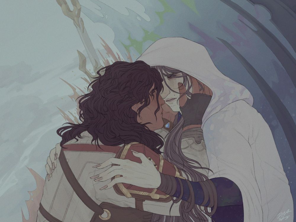 Digital drawing of femme Jayce (Jay) and Viktor (Vicky)

The drawing is set place in the alternate timeline Jay got stuck in. The two are on top of the ruined Hexgates. Jay is gently holding that timelines Vickys face, looking at her in disbelieve.
Vicky has her hands rested on Jays shoulders, looking sad.

In the background you can see parts of the ruined Hexgates, aswell as parts of Jays arcane ruined hammer.
