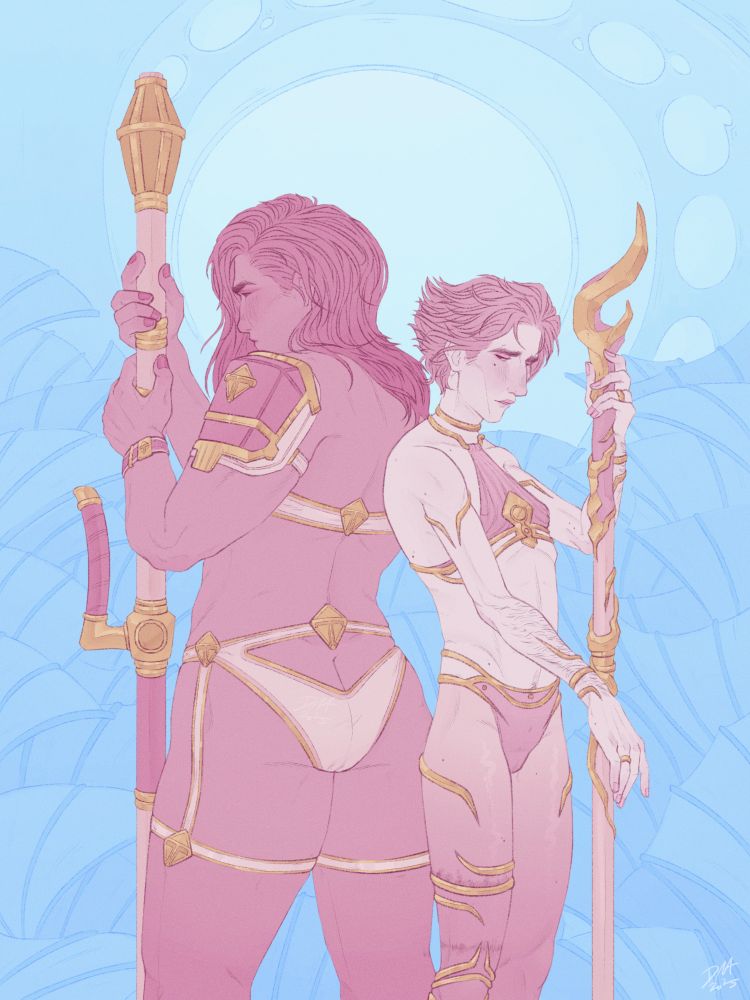 Digital drawing of femme Viktor (Vicky) and Jayce (Jay). The drawing is using a limited color palette, of colors used in the transgender pride flag and gold accents. Vicky and Jay are both colored in pink and white, while the background is blue.

The two girls are standing with their backs to eachother.
Jay has her long hair drapping over her shoulder and is wearing white lingerie with gold highlights. She is holding the shaft of the Mercury/ Hextech Hammer in her hands.
Vicky is wearing pink lingerie with gold highlights. She is wearing pink leggings that get more transparent near the crotch area. Although she is not wearing her legbrace she has golden bracelets wrapped around the places the brace is usually placed. Behind the bracelets there are small hints of bruises. She is holding a cane in her hands similar to the one Viktor uses in season 2 of the show.

