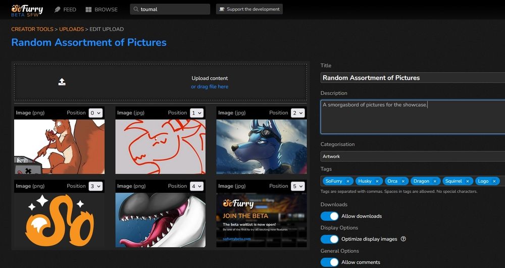 This is a screenshot of the new multi content uploader function on SoFurryBeta.com.
