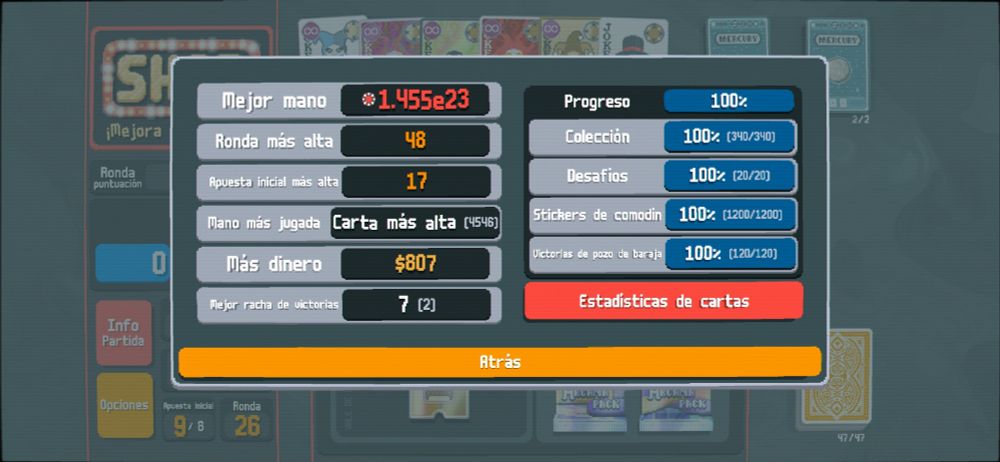 Captura de pantalla del balatro del menú de estadísticas con todo al 100%.