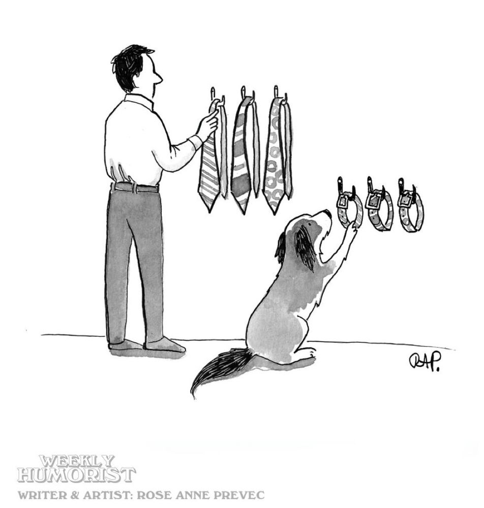 Ink cartoon of man selecting necktie next to dog selecting collar