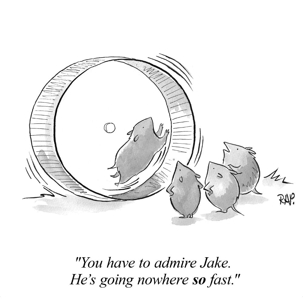 Animal cartoon. Group of hamsters watching another one running on a wheel, "You have to admire Jake. He's going nowhere so fast."