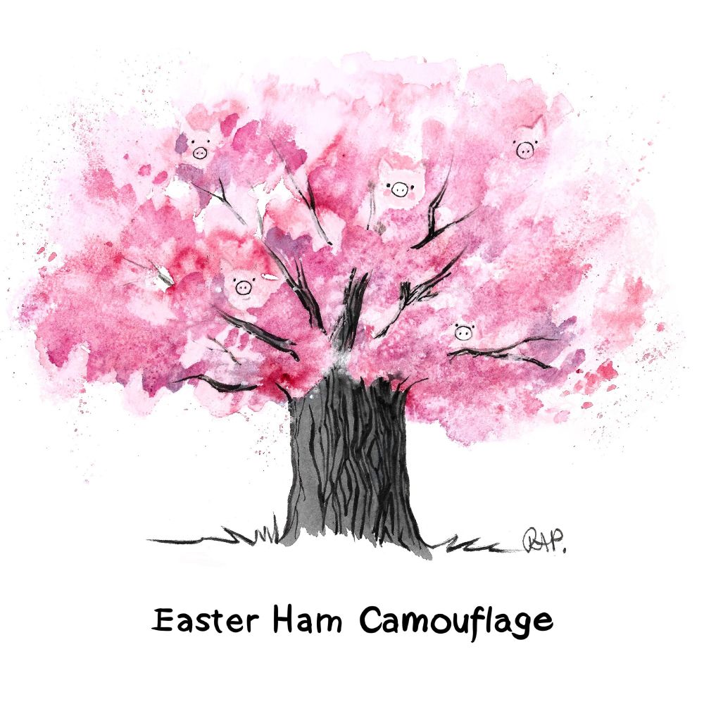 Cartoon of pigs hiding in pink cherry tree, titled "Easter Ham Camouflage"