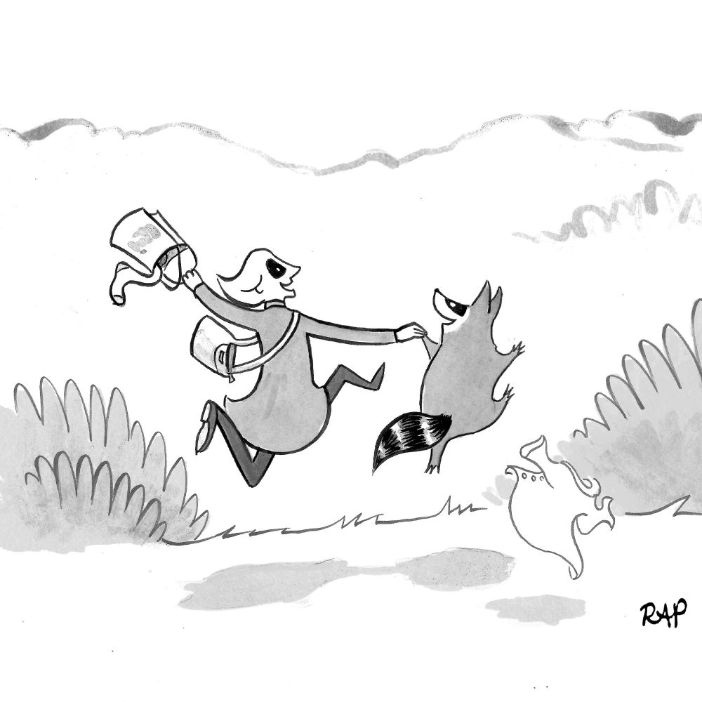 Cartoon of woman with big black raccoon-like eyes holding hands with raccoon as they run off into the wilderness