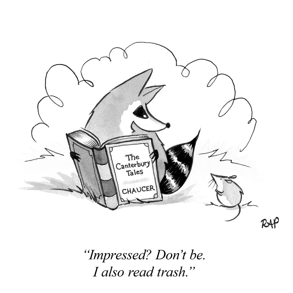 Ink cartoon of raccoon reading Chaucer speaks to a passing mouse. "Impressed? Don't be. I also read trash."