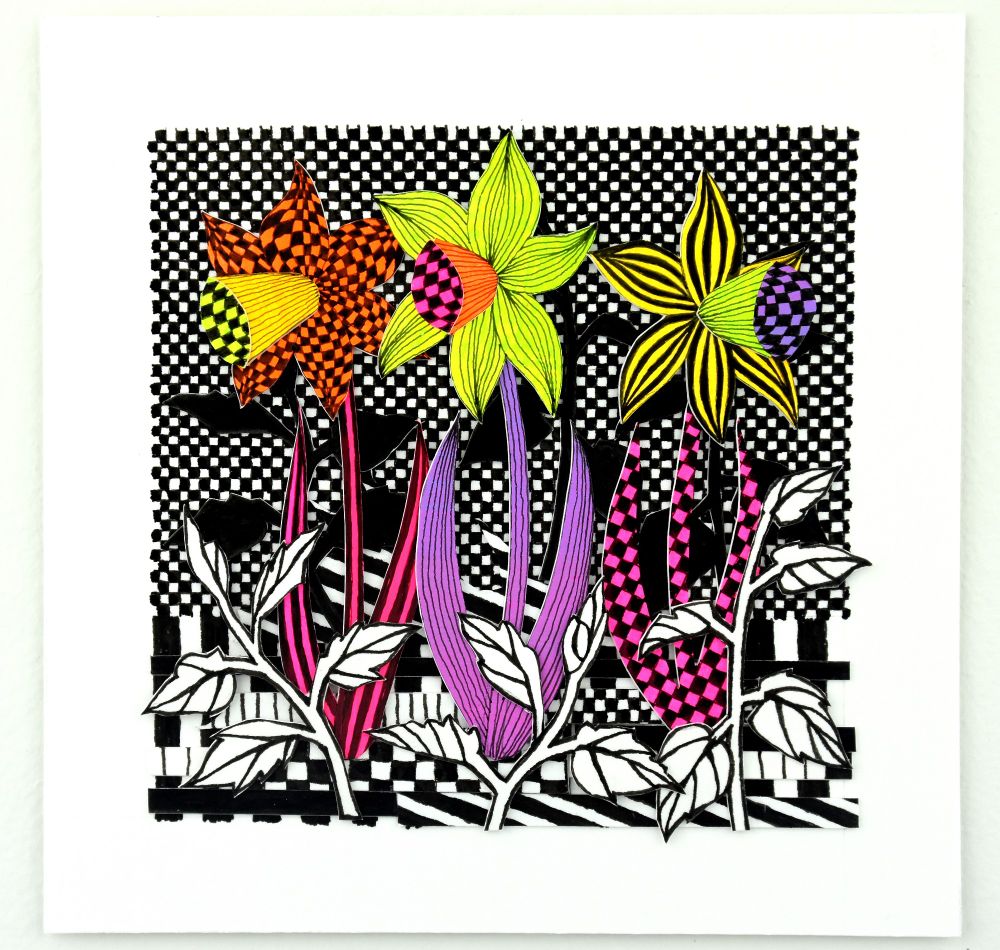 3 colorful daffodils on a background of hand drawn black and white checkered and striped patterns