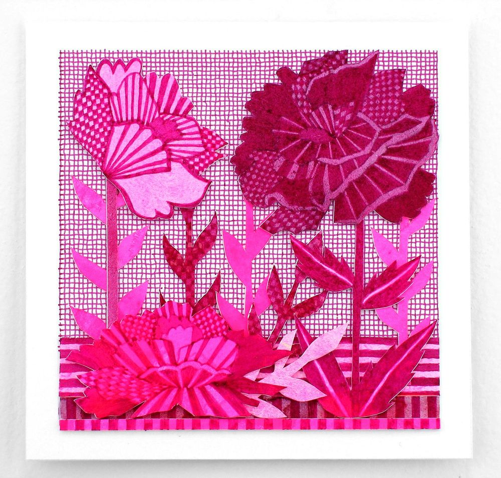 Three pink, burgundy, and red patterned flowers in a space filled with: a red hand drawn grid, and a ground made up of red and pink stripes