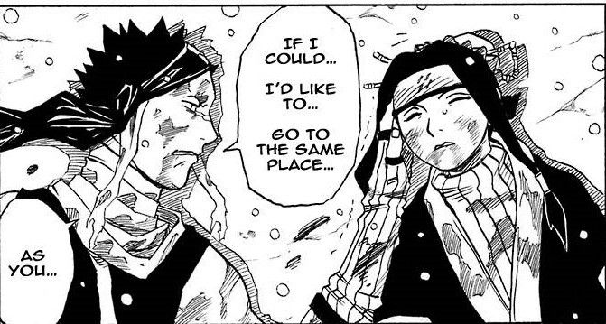 Zabuza and Haku from Naruto. Text: "If I could... I'd like to... go to the same place... as you..."