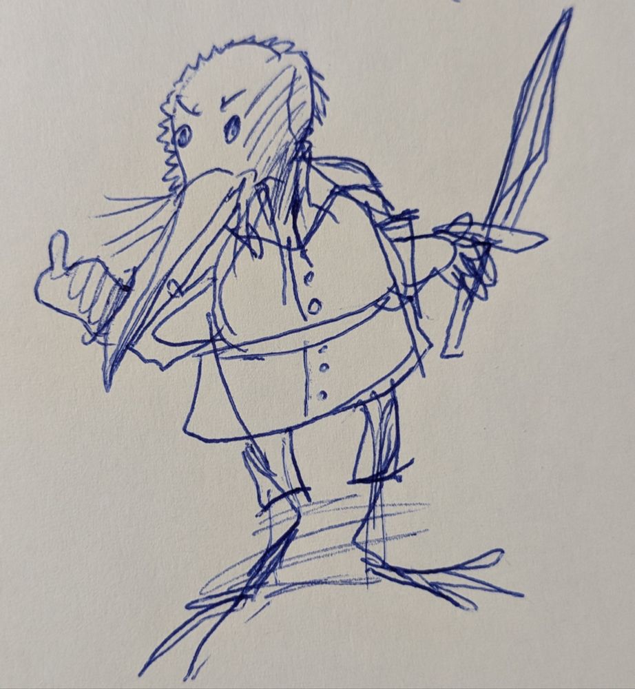 Pen drawing of an anthropomorphic kiwi bird wearing a tunic with leggings. She is giving the middle finger and holding a dagger.