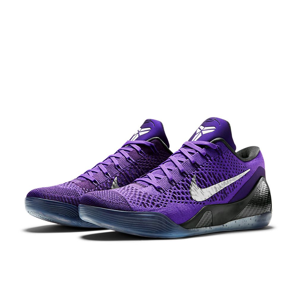 Nike Kobe 9 Low in the Moonwalker colorway:  Hyper Grape/White/Cave Purple. The striking purple woven one piece upper with a silver swoosh sits on top of a dark translucent outsole with a "moon rock" speckled pattern, and black carbon fiber heel cup.

This view is a pair pointing left and slightly forward offering a nice view of the outside and upper of the front shoe and a glimpse of the inside panel on the rear.