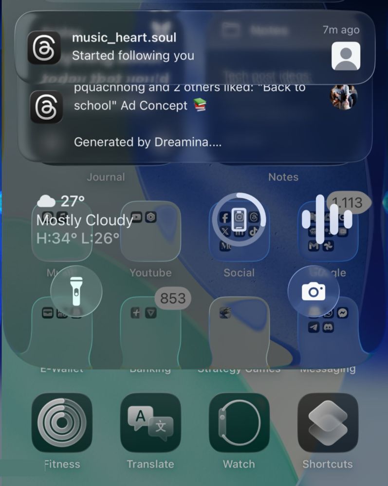 iOS 26 public beta screenshot showing pull down notifications. The new translucent UI makes reading the notifications or anything else in that pull down sheet a terrible experience because the content below, distroted and slightly dimmed, shows through making the whole thing a mess for readability/distinguishability.