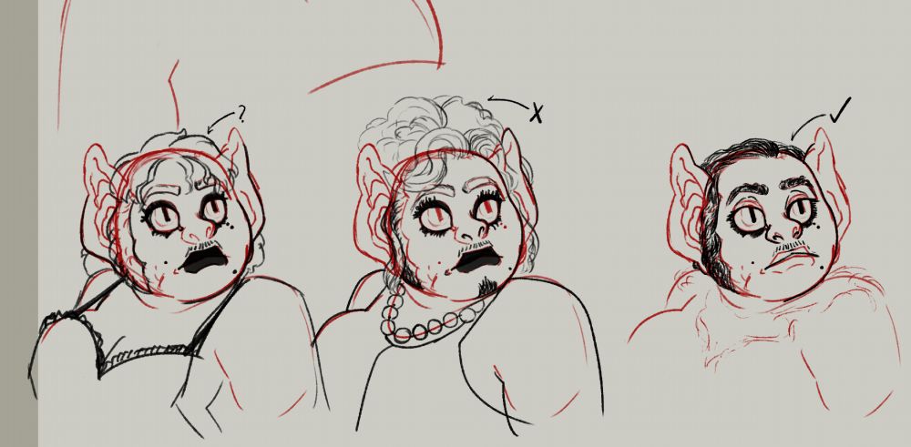 Three digital sketch iterations of a character's haircut and evening wear. The subject is a fat bat femme lounging casually and looking over their left shoulder with a neutral but slightly disinterested expression. The sketches all have the same pose and expression, but each one has a different haircut and different clothes: the left shows hair and dress inspired by Dolly Parton in "Best Little Whorehouse in Texas", the middle shows hair and dress inspired by Dr Frank N Furter from "Rocky Horror Picture Show", and the right seems to be unclothed and has short, dark, close-cut hair.