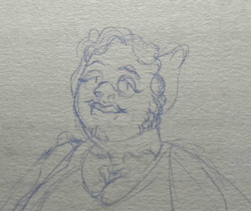 A blue pencil bust drawing of a fat hairy he/him bat femme. He has thick curling hair on his head and face that goes down his neck and chest, and smiles softly and knowingly at the viewer with half-lidded eyes.