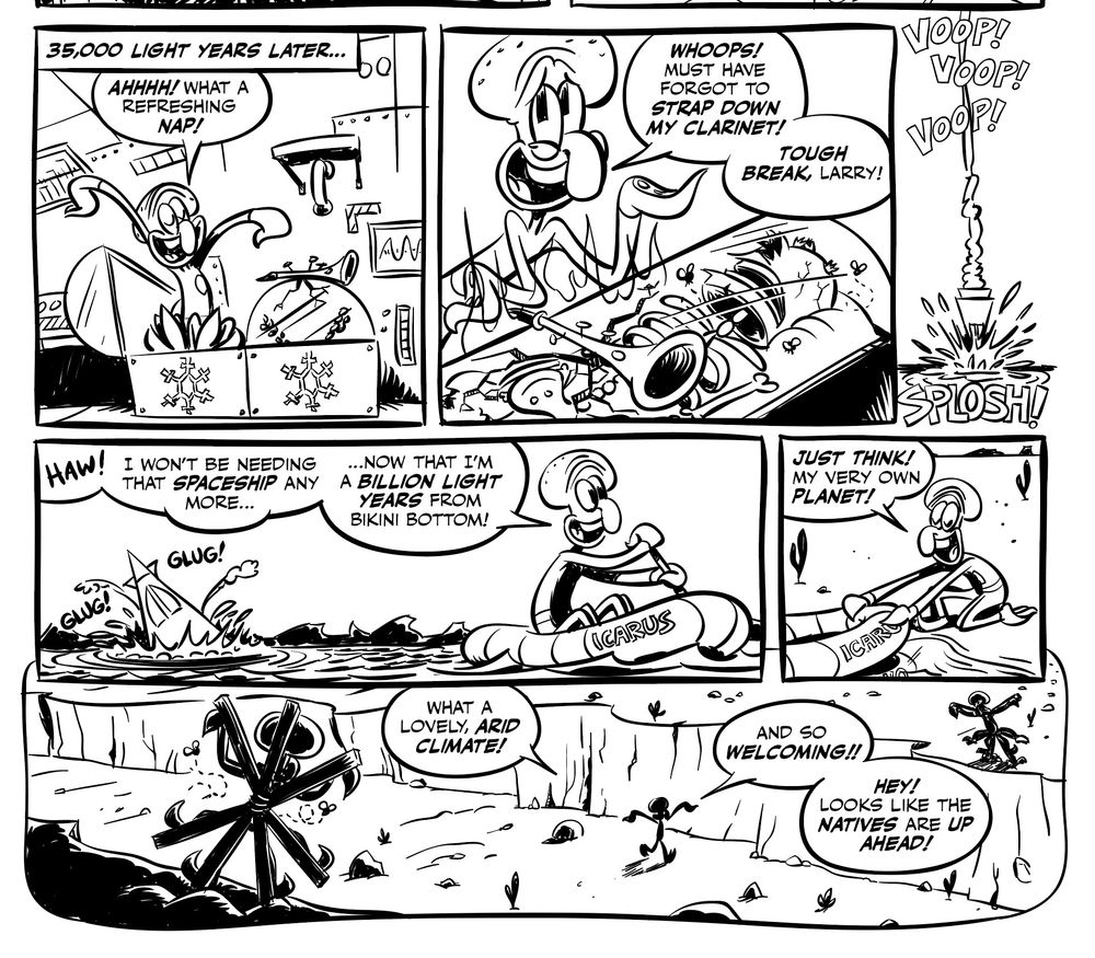 Squidward wakes up. Larry's cryo-chamber has been shattered by a falling clarinet. He's a skeleton. Squid escapes the ship, now sinking in goo on an alien world. Thrilled to be away from Bikini Bottom, even though there are obvious signs of danger.