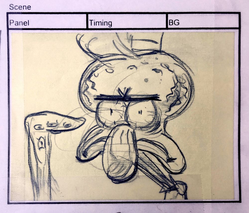 Steve HIllenburg's original rough of INTENSE SQUIDWARD pointing to his own face, rendered as a disturbing painting in the final show.