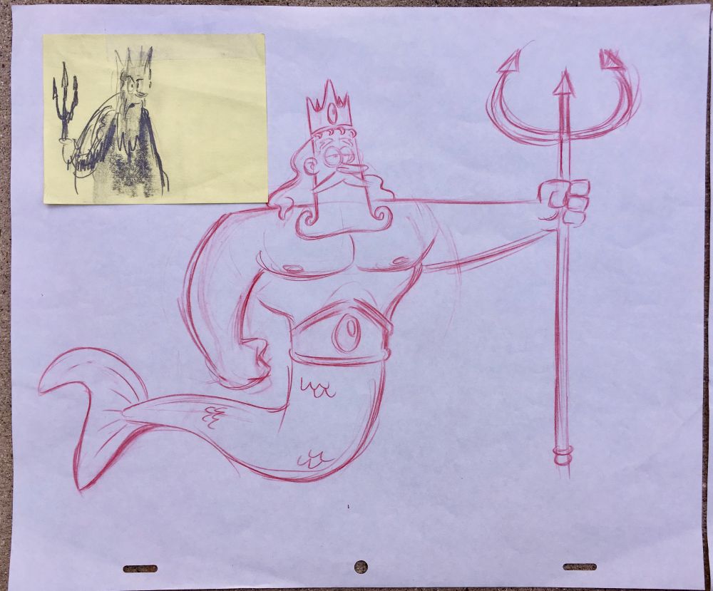 Slightly less graphic version by Lender. Simpler trident. Blasé attitude. Adds nipples, long hair, explicitly fishlike (rather than mammal-like) tail.