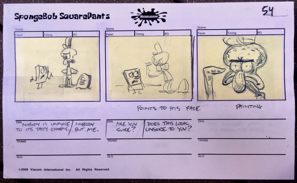Rough drawings of SpongeBob and Squidward discussing krabby patties over a grave.