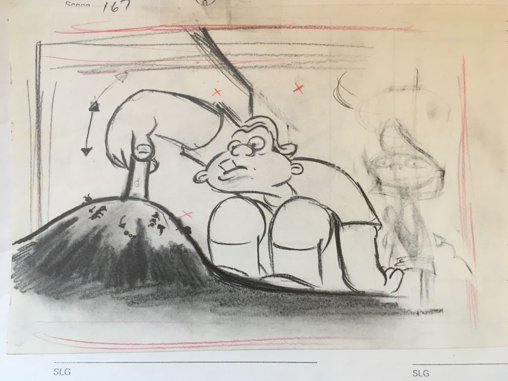 Rendered graphite drawing of Harold from Hey Arnold dipping a stick into an ant hill. A ghostly (erased) of Phoebe walks up behind him.