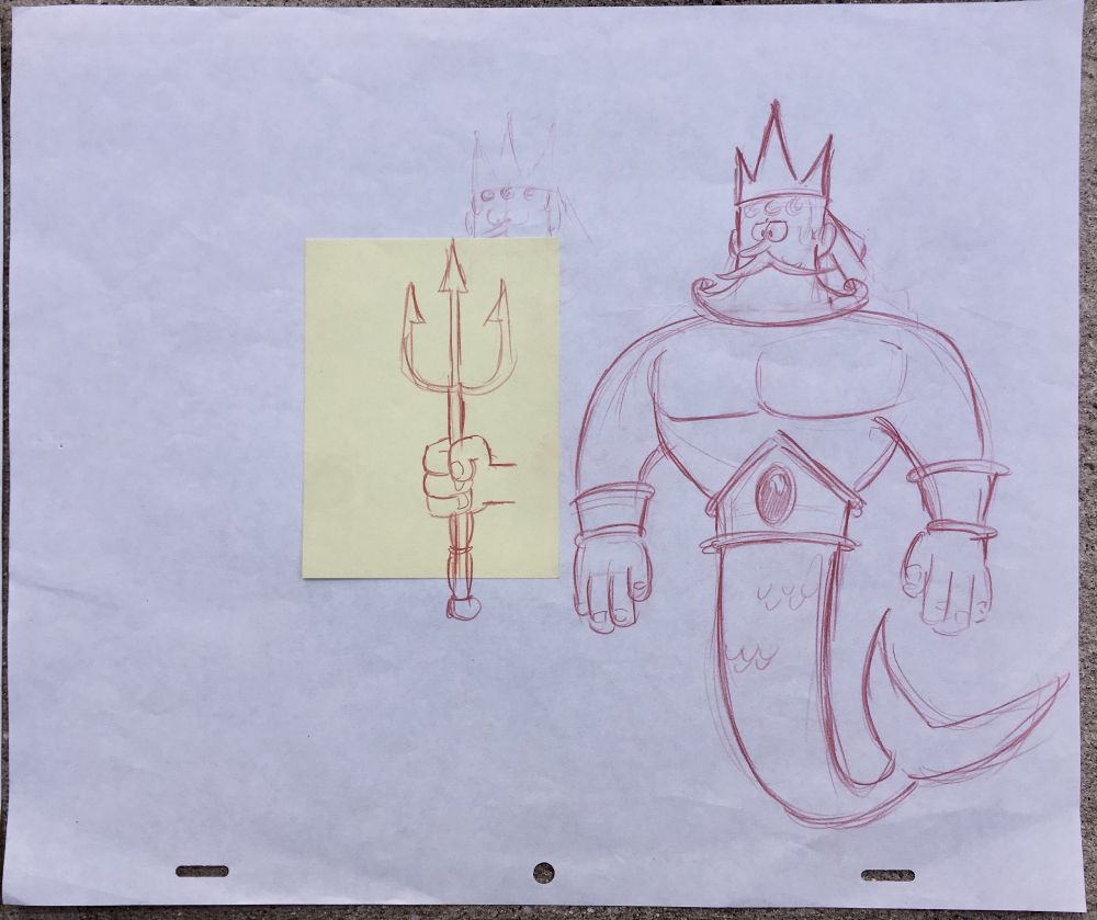 More graphic version with curled beard and tail by Chuck Klein. Physically formidable. Adds belt and bracers. A post-it shows a refined trident design.