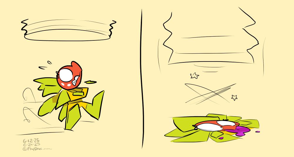 A two-panel comic, featuring Vlora, an anthropomorphic man-eating plant, as the main subject in each panel. The first panel shows Vlora skidding to a stop, with a panicked look on her face, as she looks directly upwards at a large scrunched-up cylindrical shape directly above her. She is leaning slightly backwards, posed with his feet flexed and arms behind them. The second panel shows a pancaked Vlora with its purple goopy tongue out, with dizzy circles and stars floating above her. She is posed similarly to the first panel; except he is now two-dimensional. The springy piston is oscillating up and down, after being triggered by Vlora. 