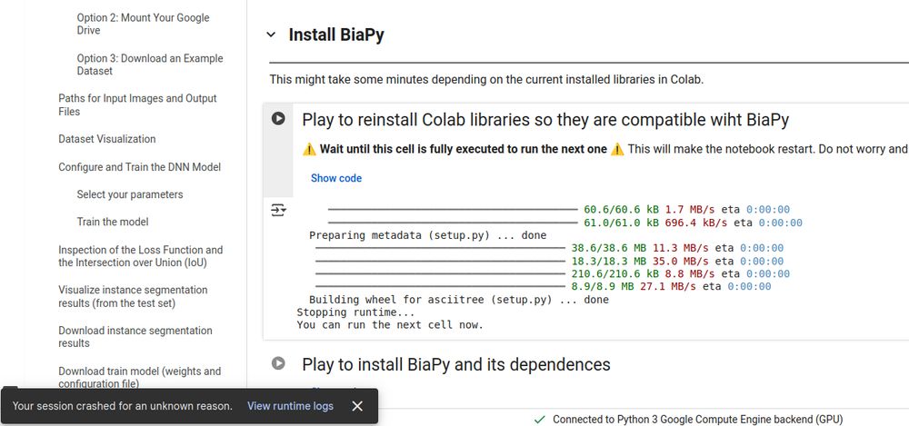 Screenshot of a BiaPy notebook showing the "Play to reinstall Colab libraries so they are compatible with BiaPy" cell. The cell has been executed and Colab shows a message stating "Your session crashed for an unknown reason."