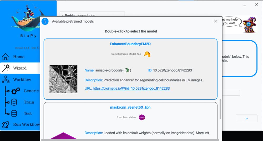 Screenshot of BiaPy's GUI showing the Wizard window but partially occluded by a "Available pretrained models" dialog showing a model from the BioImage Model Zoo and a model from Torchvision.