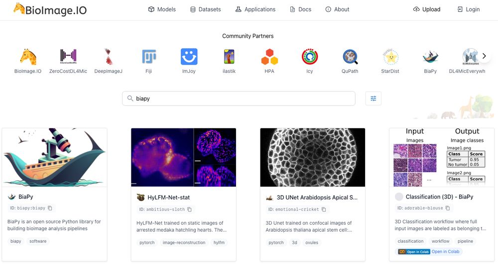 Screenshot of the new BioImage.IO site, showing BiaPy as one of the available tools and community partners.