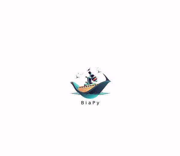 Animated gif showing an overview of BiaPy's features: its community inspiration, the diverse input data and analysis tasks, and its backend (PyTorch) and multiple frontends (GUI, notebooks, library).