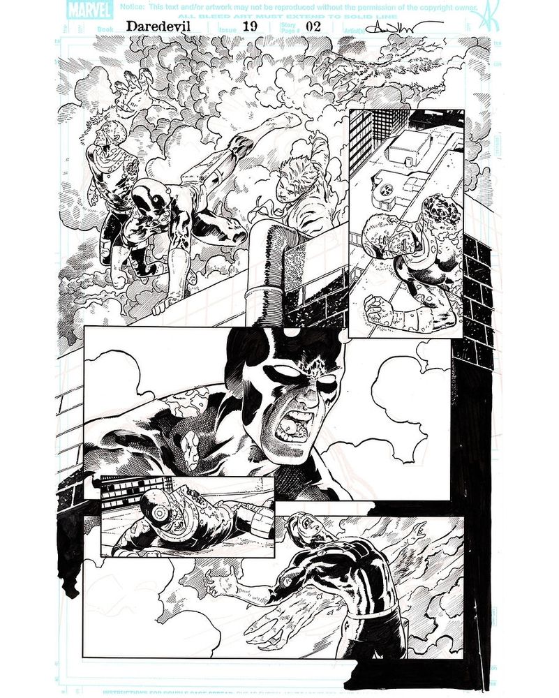 Page 2 from Daredevil vol 8 #2 which depicting Daredevil fighting a sin monster, hidden mostly by smoke, on a rooftop. A badly injuring Bullseye is there too, mostly just trying to stay alive.