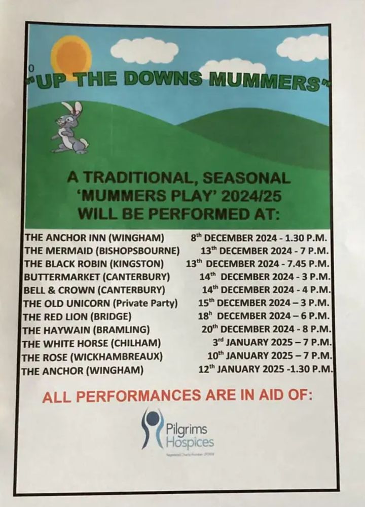 A list of this year's performances in Kent by the Up the Downs Mummers.