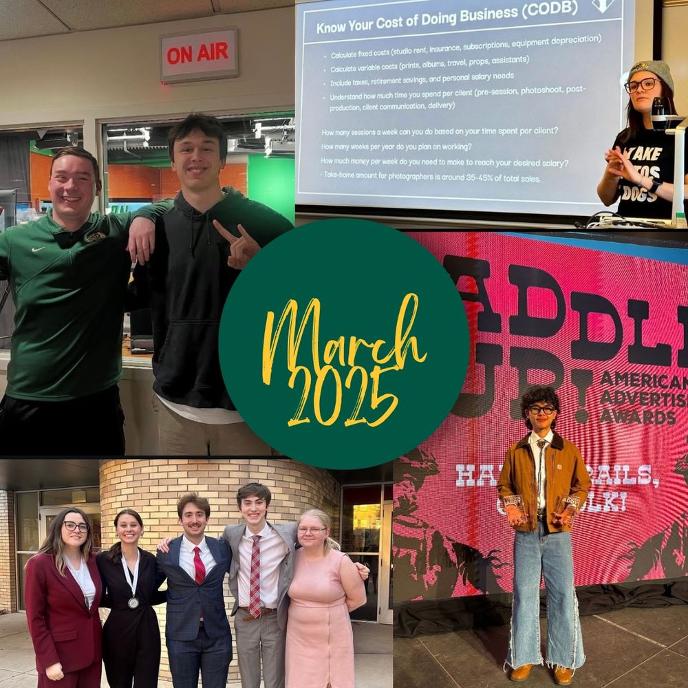 Four pic collage: Two students standing outside the TV studio (top left), a guest speaker talking to students (top right), a five person speech team (bottom left), and a student standing in front of banner that reads "American Advertising Awards"
