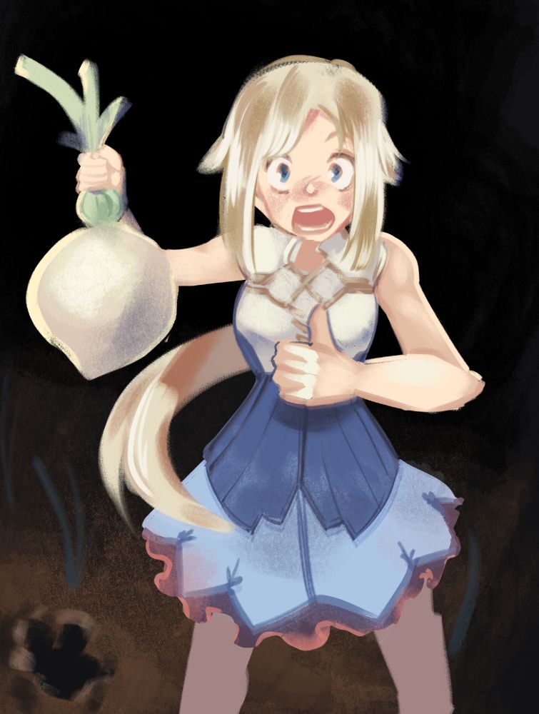 Mist from Rune Factory brandishing a giant turnip as if shes a fisherman that caught a big fish.