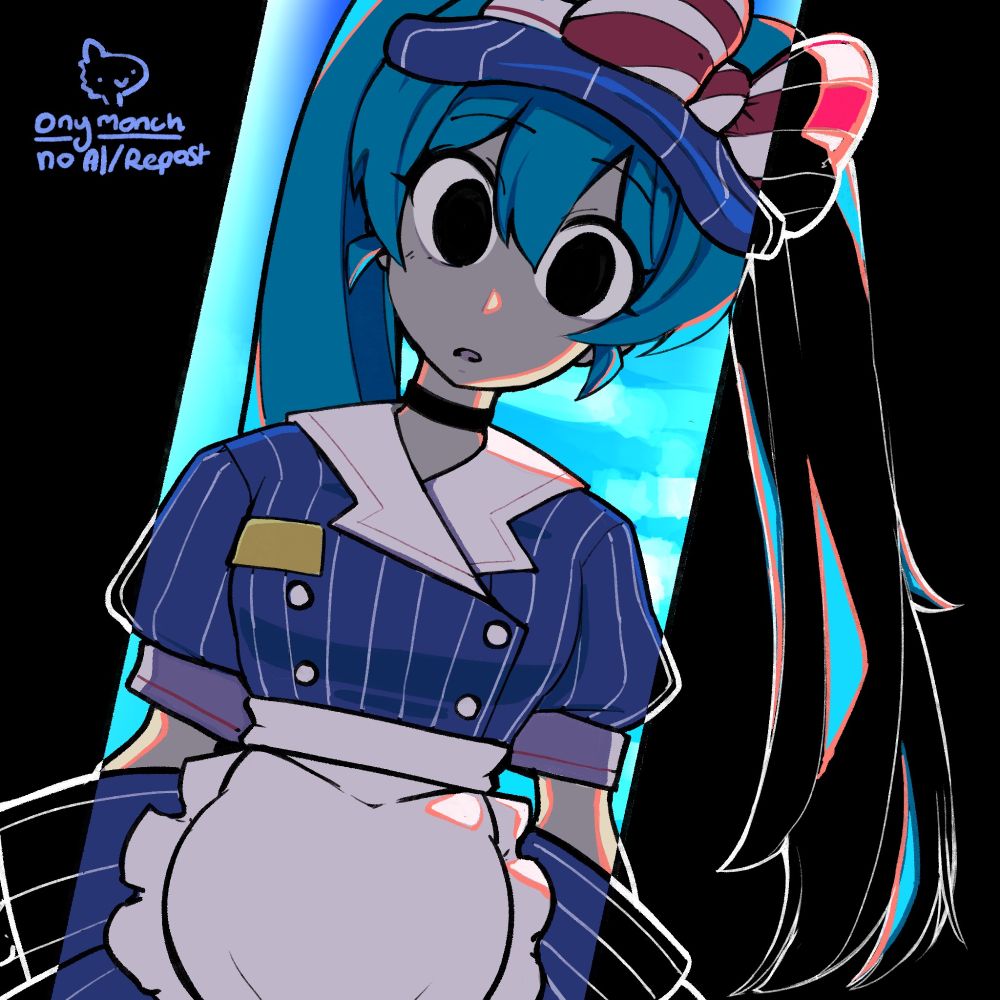 A redraw of a frame from Mesmeriser, Hatsune Miku stands lopsided with blacked out soulless eyes as she is hypnotized