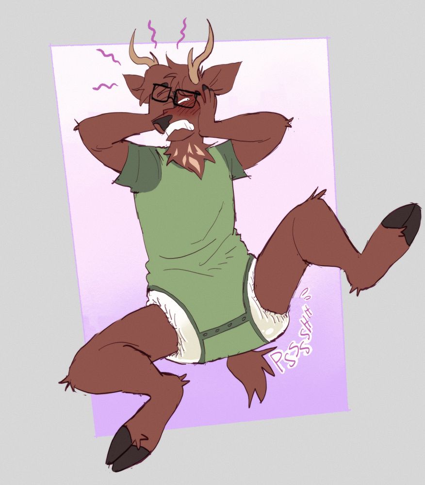 Dez the Deer wearing a green onesie over a wet diaper. Covering his face in embarrassment and kicking his legs while wetting. 