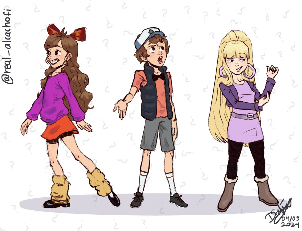A drawing of Mabel Pines, Dipper Pines and Pacifica Northwest. They're in their Double Dipper-episode outfits.