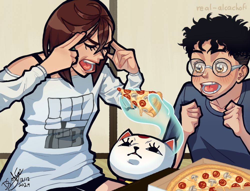 Drawing of the main characters of the anime dandadan, Momo, Ken and Turbo Granny. They're eating pizza, and Momo is using her powers to make the slice of pizza float into her mouth. Ken is excited, and Turbo Granny seems indifferent.