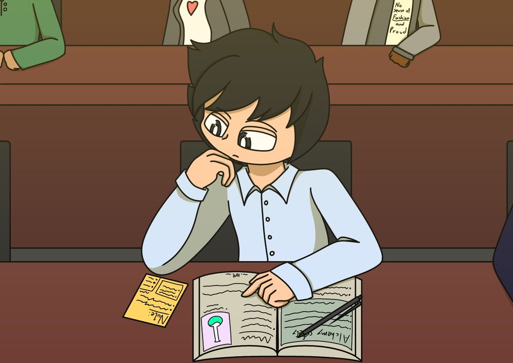 Lilltea, during his university period, studying alchemy for his major in a big hall setting