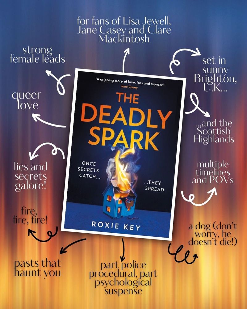 The Deadly Spark book on a navy blue and orange background, surrounded by the words:
strong female leads
queer love
secrets and lies galore
pasts that haunt you
set in sunny Brighton, UK...
... and also the Scottish Highlands
multiple timelines and POVs
perfect for fans of Lisa Jewell, Jane Casey and Clare Mackintosh
part police procedural, part psychological suspense
fire, fire, fire!
a dog (don't worry, he doesn't die)