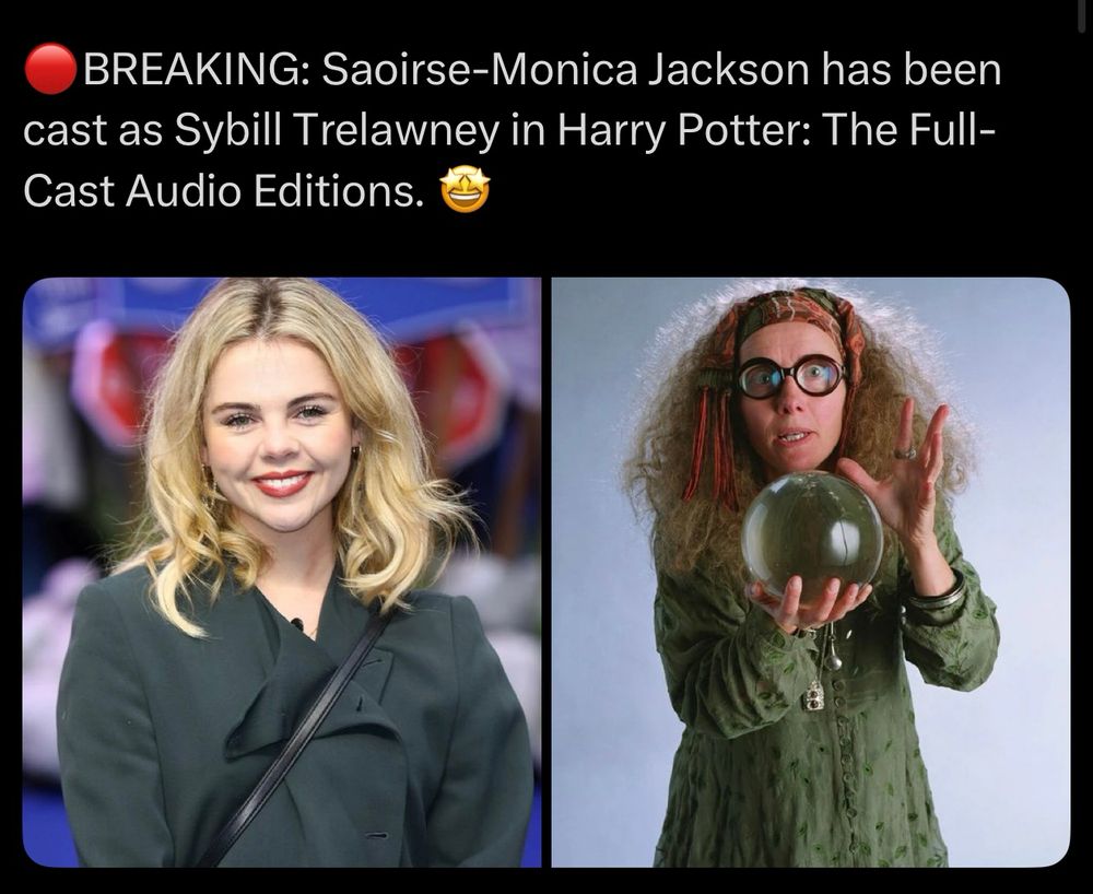 Pic 1: 🔴BREAKING: Saoirse-Monica Jackson has been cast as Sybill Trelawney in Harry Potter: The Full-Cast Audio Editions. 🤩
