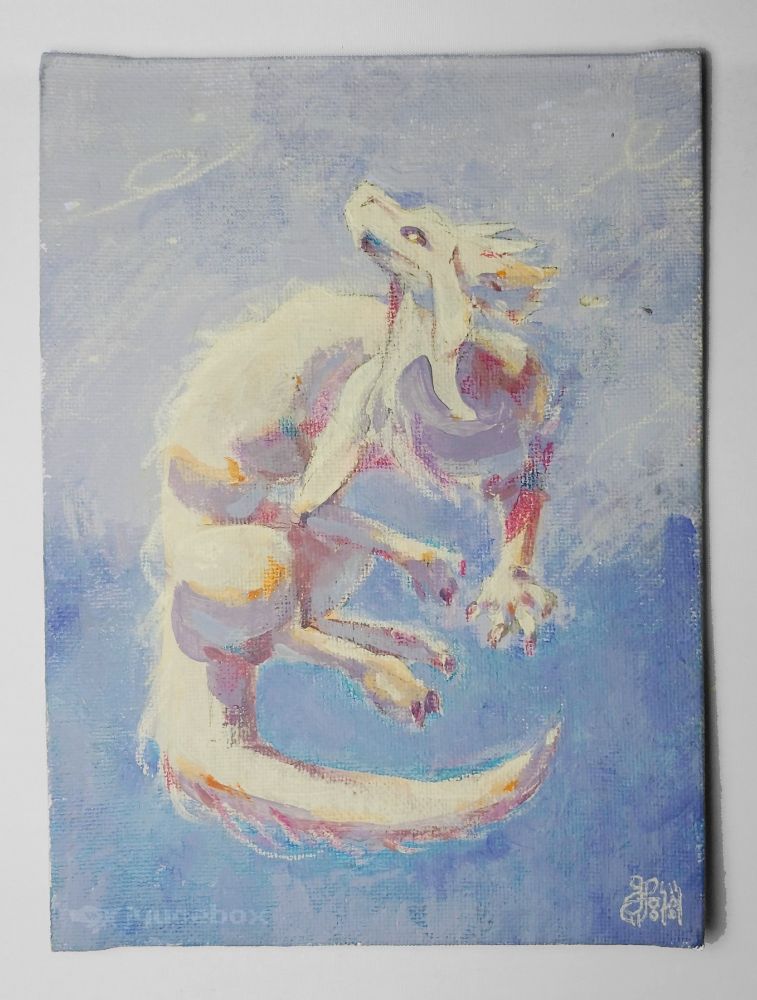 White acrylic and colored pencil dragon on canvas board