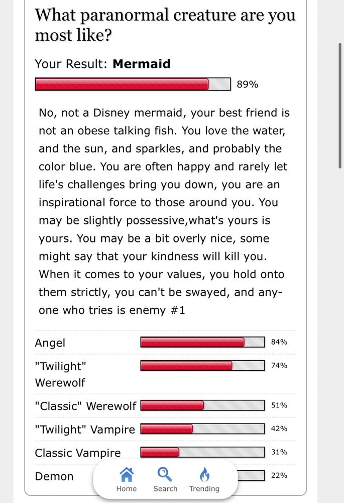 print de tela d quiz “what paranormal creature are you like?” mostrando o resultado 89% Mermaid