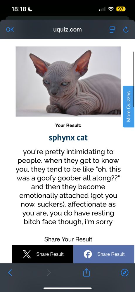 print do resultado de um quiz online

sphynx cat
you're pretty intimidating to people. when they get to know you, they tend to be like "oh. this was a goofy goober all along??" and then they become emotionally attached (got you now, suckers). affectionate as you are, you do have resting bitch face though, i'm sorry