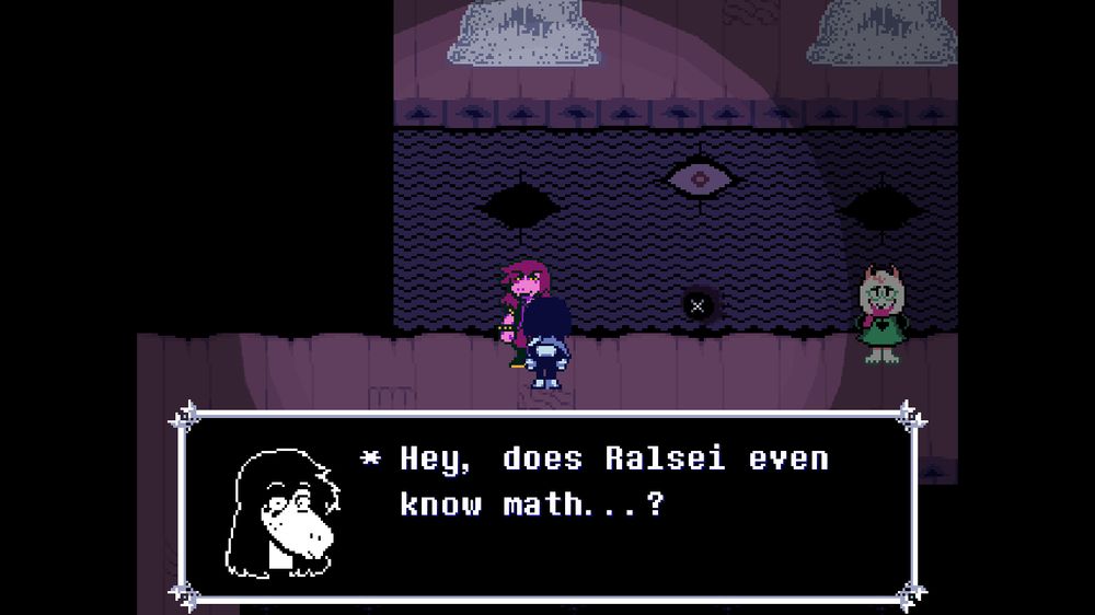 print do jogo deltarune, com uma caixa de diálogo da personagem susie falando "Hey, does Ralsei even know math...?"