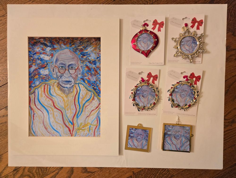 Print and 6 ornaments featuring painting of Ghandi
