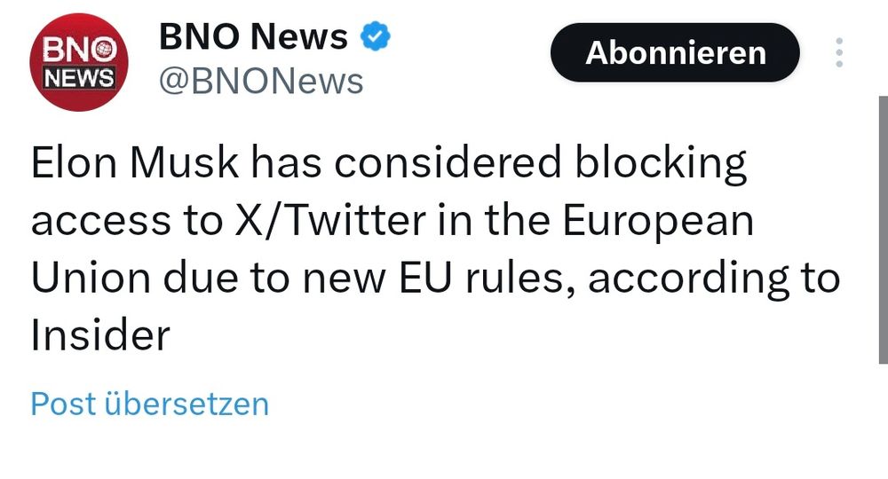 Text: Elon Musk has considered blocking access to X/Twitter in the European Union due to new EU rules, according to Insider